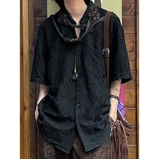 JUN-LEE-Elbow-Sleeve Textured Pocketed Shirt