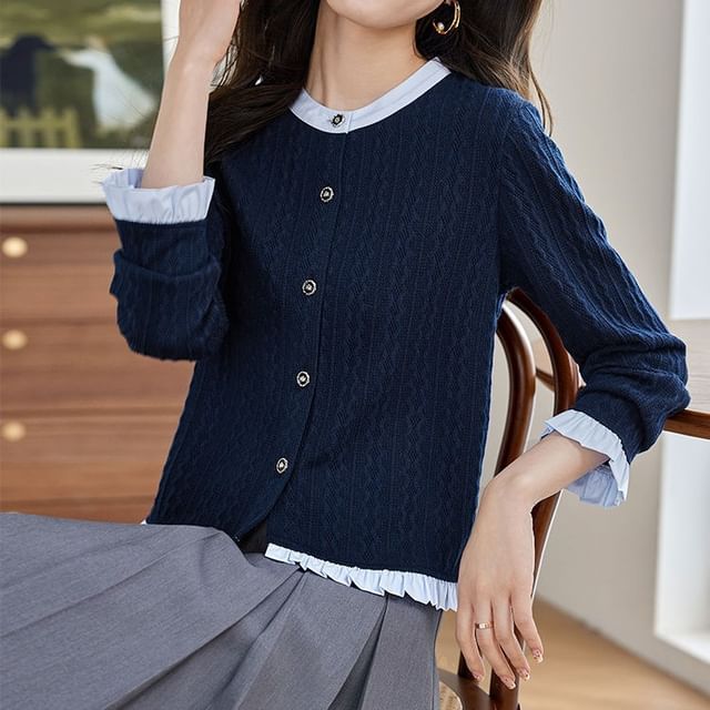 Jeonseon-Long-Sleeve Round Neck Two Tone Ruffle Panel Blouse