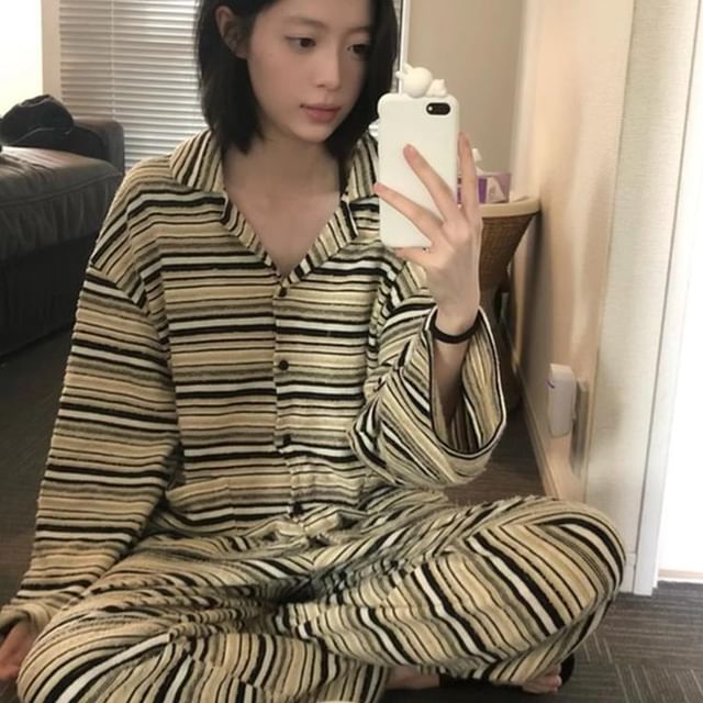GOUB-Pajama Set Long-Sleeve Striped Top Pants