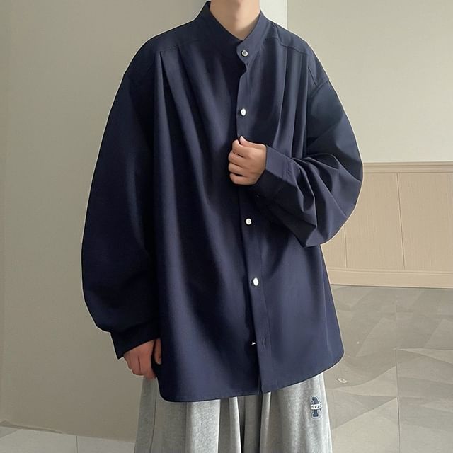 Urtishia-Long-Sleeve Stand Collar Plain Button-Up Shirt
