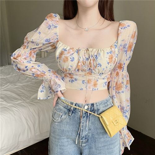 Printed Chiffon Long Sleeve Corset Top