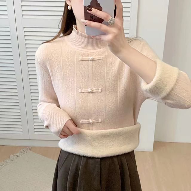 Odestra-Mock Neck Plain Knot Button Sweater