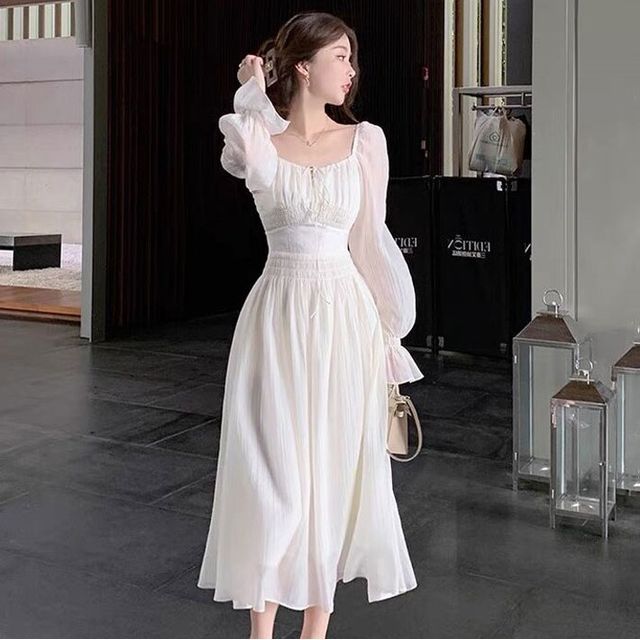Glacia - Long-Sleeve Square Neck Plain Open Back Midi A-Line Dress |  YesStyle
