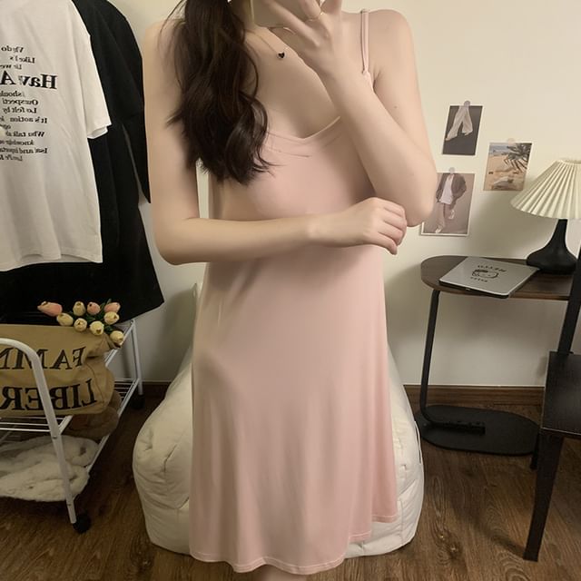 Siensien-Spaghetti Strap V-Neck Plain Padded Pajama Dress
