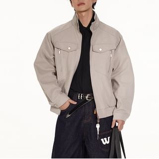 Koiyua-Stand Collar Zip-Up Plain Jacket