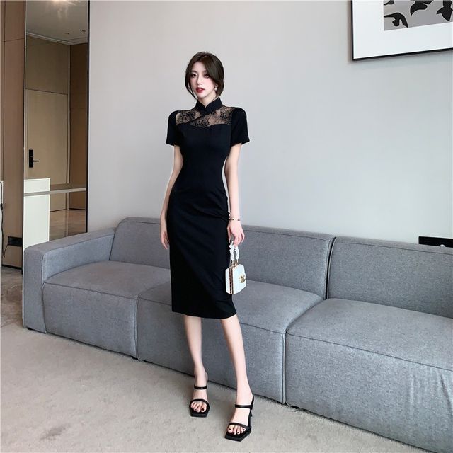 Aurora - Short-Sleeve Lace Panel Midi Sheath Dress | YesStyle
