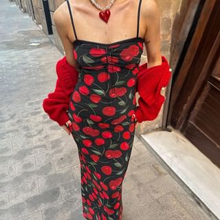 Honet Spaghetti Strap Lace-Trim Tie-Front Cherry Print Midi Bodycon Dress