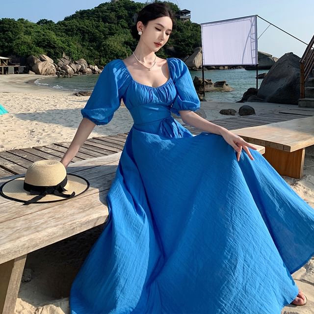 Moanum-Puff-Sleeve Plain Open Back Maxi Sundress