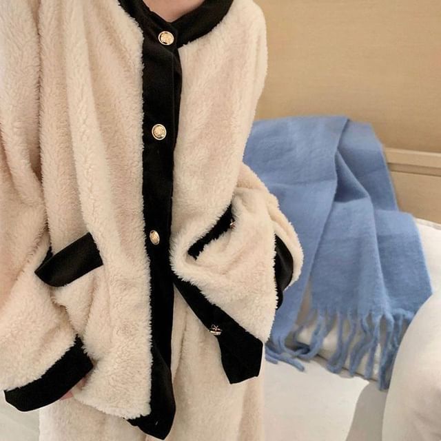 GOUB-Contrast Trim Fleece Pajama Set