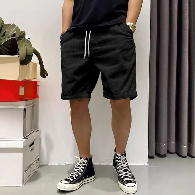 Double White-Drawstring Waist Corduroy Plain Shorts