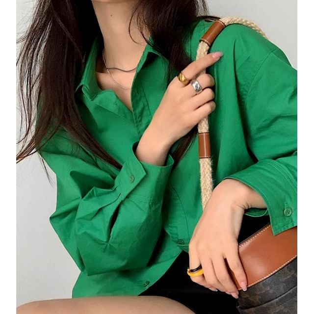 MIKIGA-Long Sleeve Collared Plain Shirt