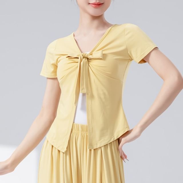 femmal-Short Sleeve V-Neck Plain Tie Front Top