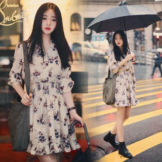 long sleeve floral chiffon dress