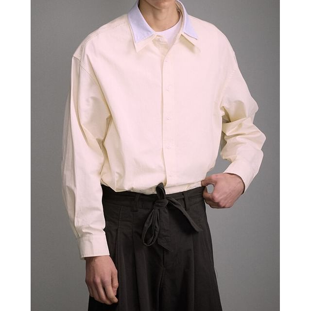 Omozando-Long-Sleeve Layered Plain Shirt