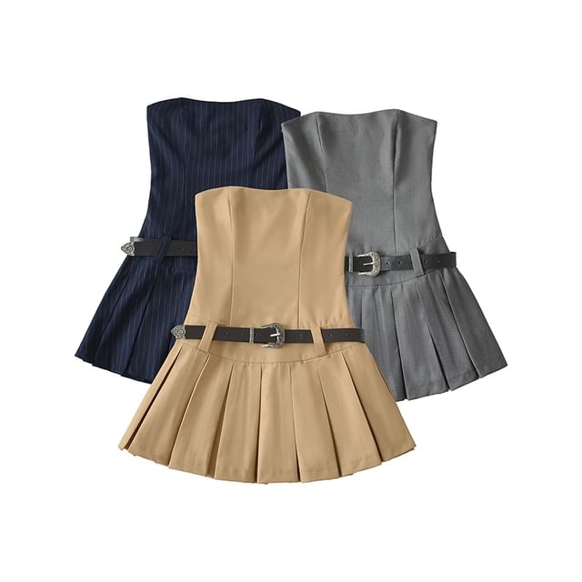 Ulark-Strapless Plain Belted Mini Pleated A-Line Dress