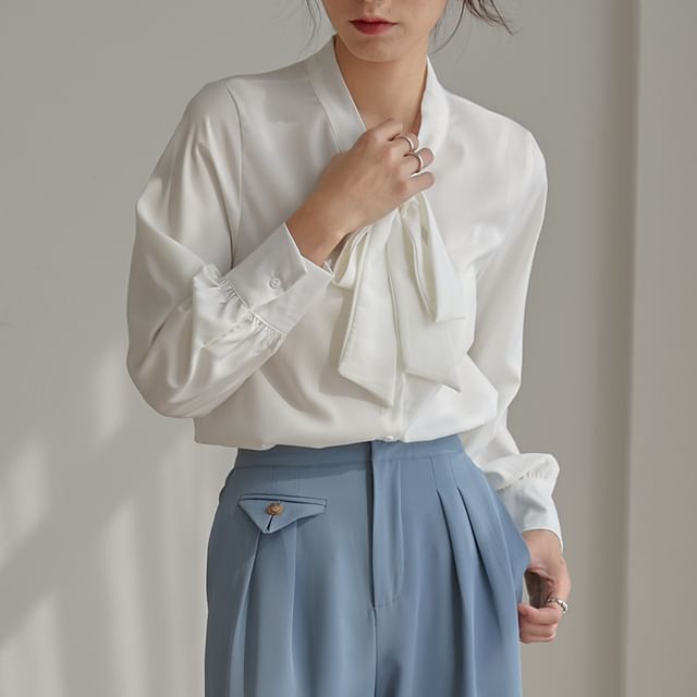 Yilda Long Sleeve Tie Neck Bowknot Plain Blouse YesStyle