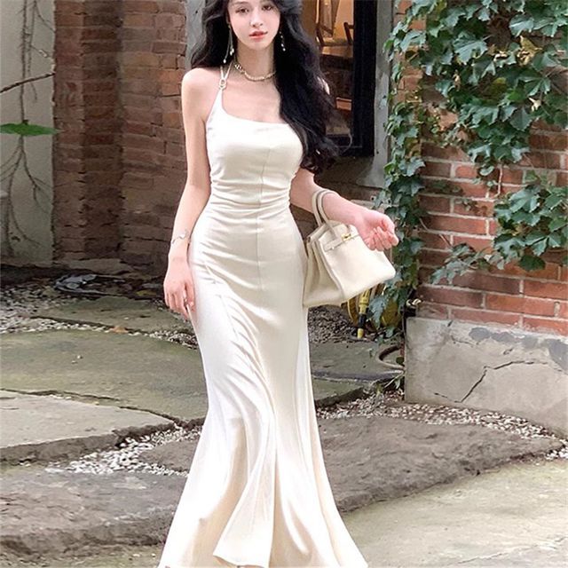 closetaine - Halter Plain Maxi Mermaid Dress | YesStyle