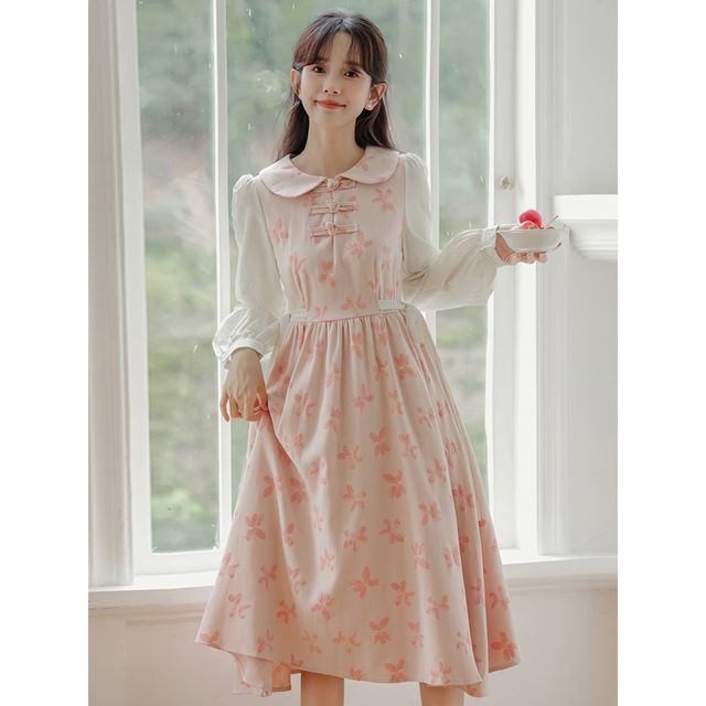 BEAUSY Long-Sleeve Mock Neck Midi A-Line Dress