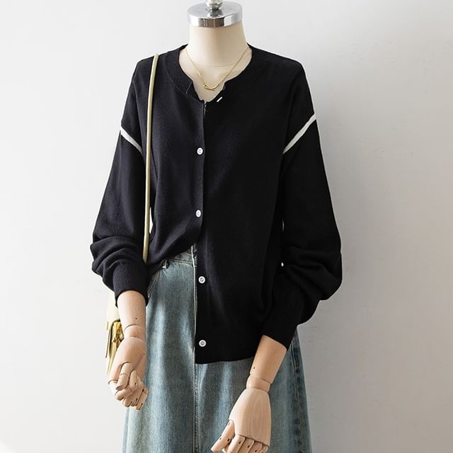 Cossita-Contrast Trim Button-Up Cardigan