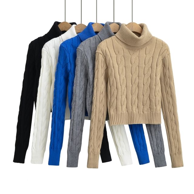 Ulark-Turtleneck Plain Cable Knit Cropped Sweater