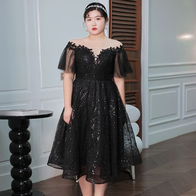 knee length dresses for ladies Ashton Gown Sequin Mesh Evening Dress