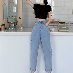 Attune - Plain Crew-Neck Cropped T-Shirt / High-Waist Loose-Fit Denim Jeans Attune - Plain Crew-Neck Cropped T-Shirt / High-Waist Loose-Fit Denim Jeans
