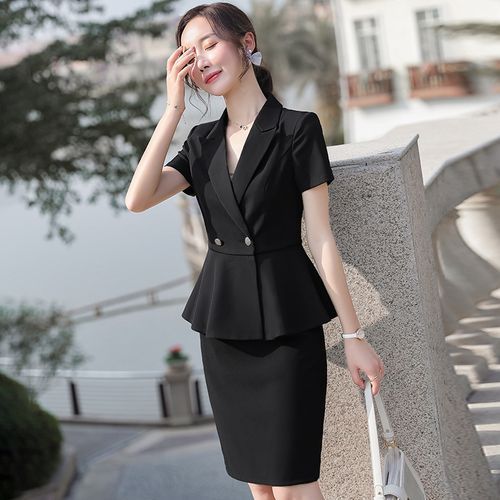 Feimish - Short-Sleeve Double-Breasted Blazer / Camisole Top