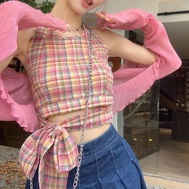 Berrytrix Plaid Tie-Side Crop Tank Top Plain Lettuce Edge Open