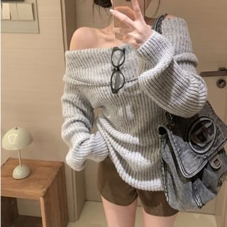 Beem-Off-Shoulder Long-Sleeve Plain Ribbed Sweater