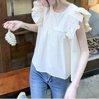 Inchioh-Sleeveless Round Neck Plain Ruffle Top