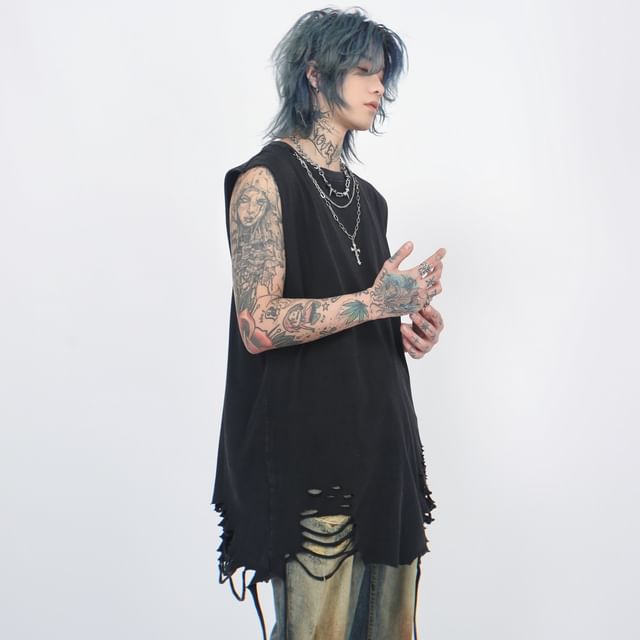 Derbundy-Crew Neck Washed Distressed Chain Tank Top