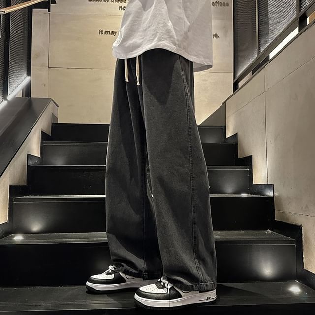 POSI-Drawstring Waist Washed Wide Leg Jeans