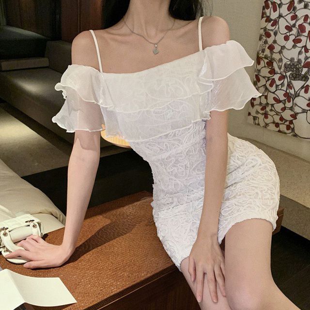Aurora - Cold-Shoulder Ruffle Mini Lace Bodycon Dress | YesStyle
