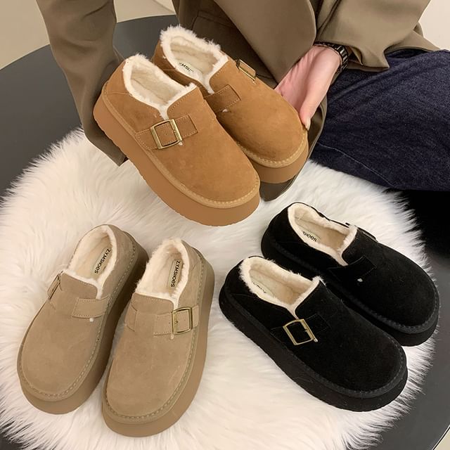Platform Plain Fleece-Lined Buckled Faux Suede Shoes