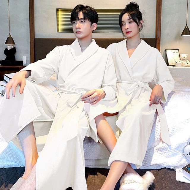 Siensien-Couple Matching V-Neck Plain Pajama Robe