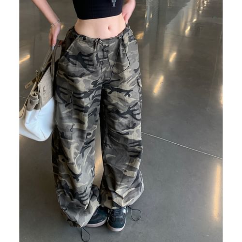 Bebop Bae - Drawstring Waist Camo Print Wide Leg Cargo Pants