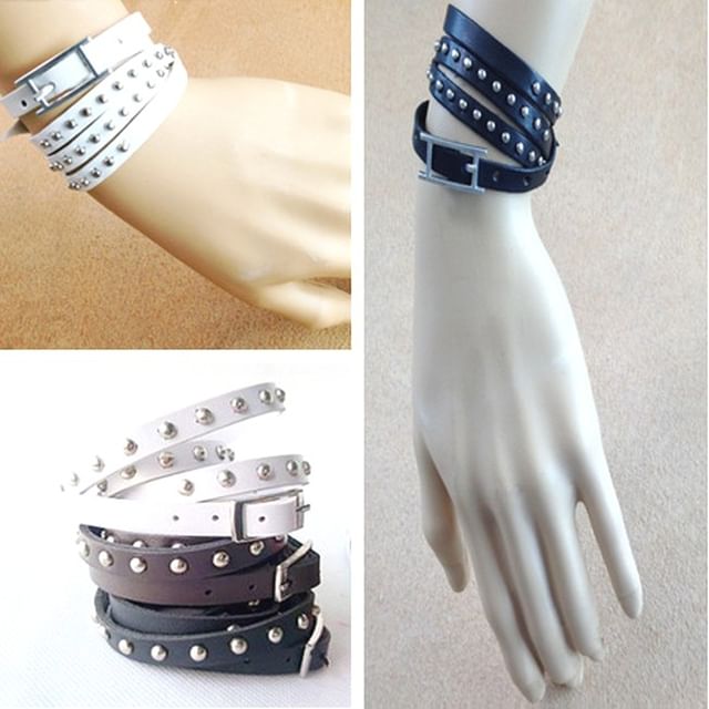 SURELIN-Studded Layered Faux Leather Bracelet