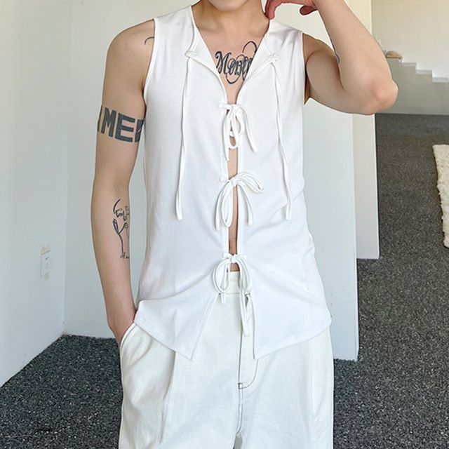 Omozando-Plain Lace-Up Tank Top