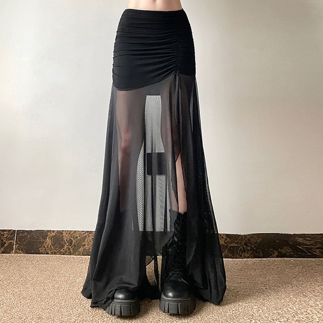 Bababy-Mid Waist Plain Ruched Slit Panel Mesh Maxi A-Line Skirt