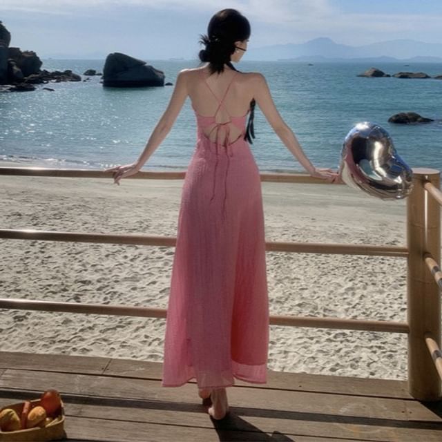 Fioridi-Spaghetti Strap Plain Maxi Sundress