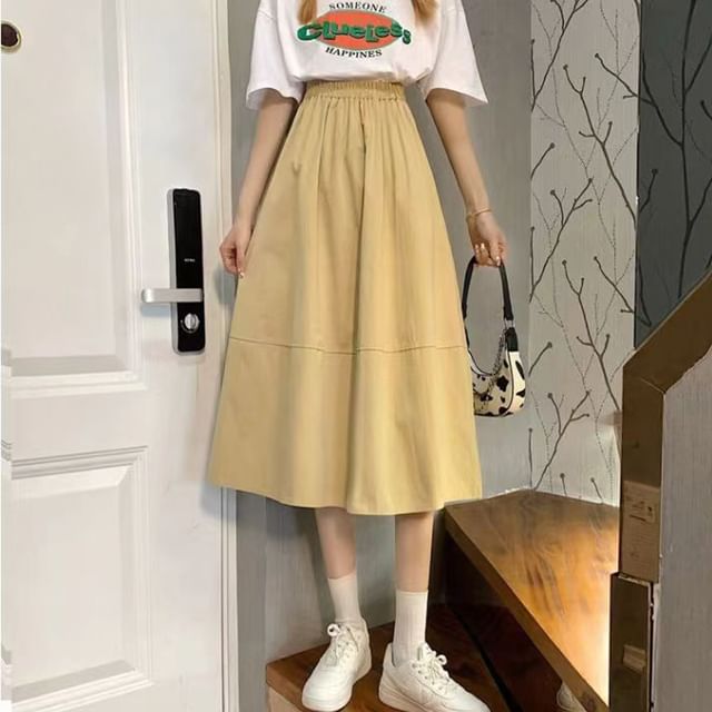 Everose-High Rise Plain Midi A-Line Skirt