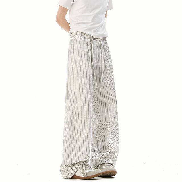 VEAZ-Drawstring Waist Striped Wide Leg Pants