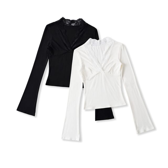 Ulark-Long Sleeve V-Neck Plain Panel Lace Top