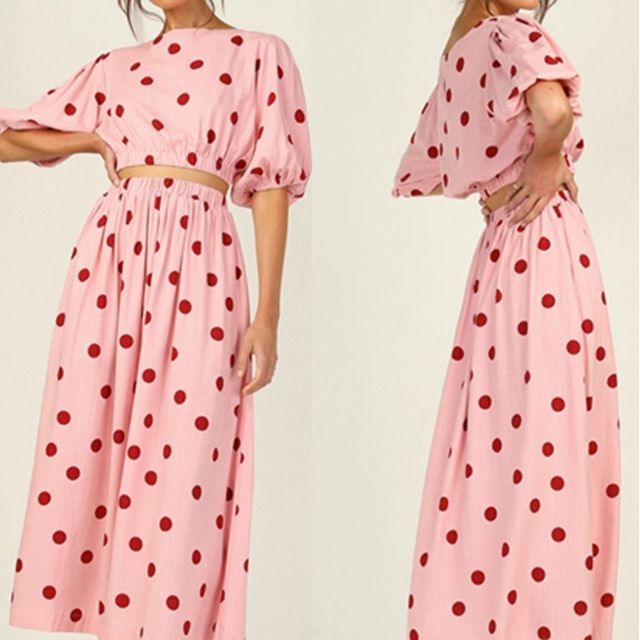Pokap-Set Short Sleeve Polka-Dot Crop Top High Waist Polka Dot Midi Skirt