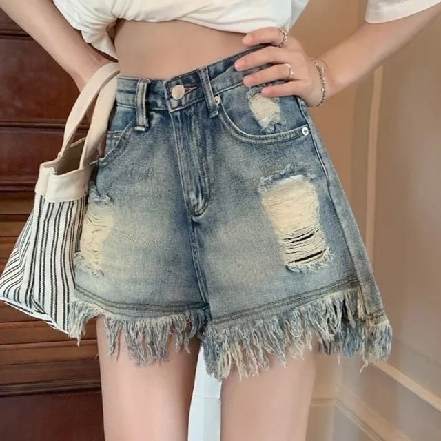 Sisyphi-High Waist Distressed Denim Shorts