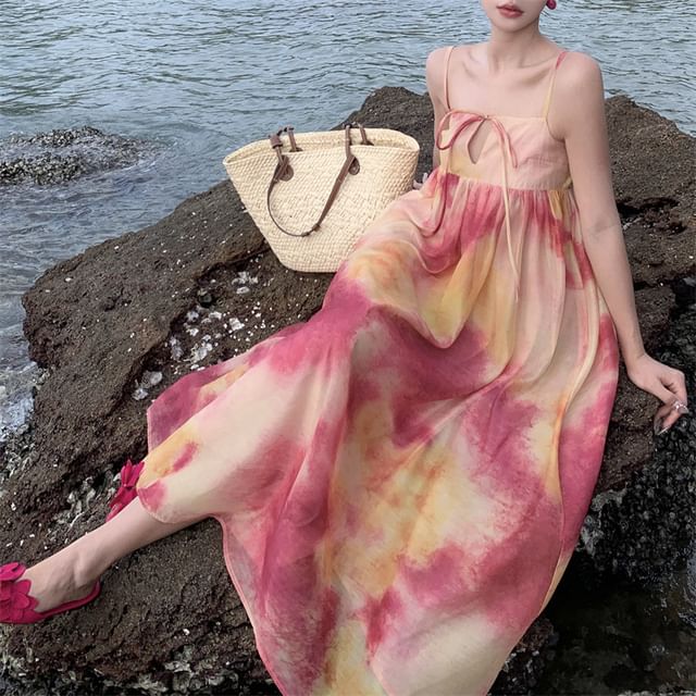 Fioridi-Spaghetti Strap Tie Dye Midi A-Line Dress
