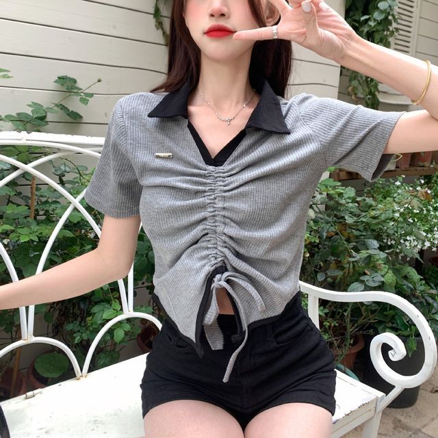 Sienne-Short-Sleeve Collared Two Tone Crop Top