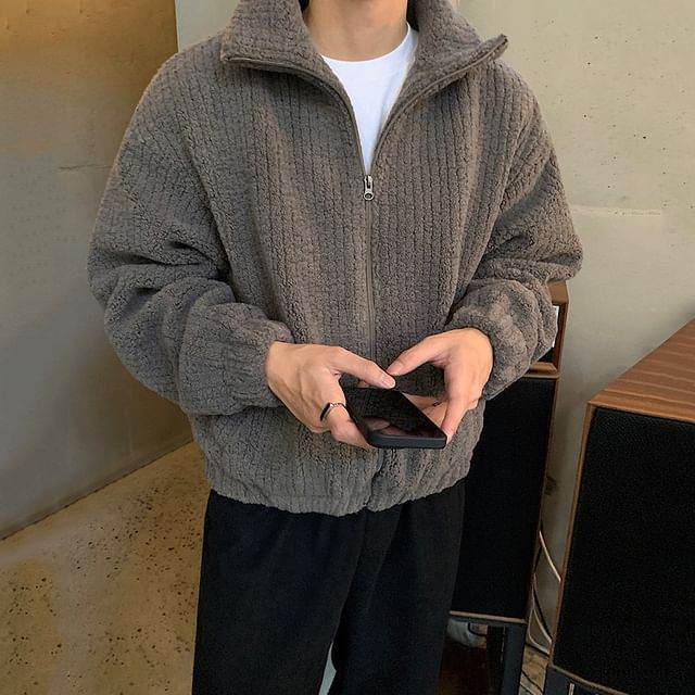 MRCYC-Half-Zip Plain Faux Shearling Sweatshirt