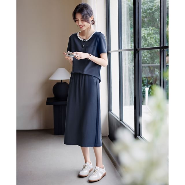 Jeonseon Set: Short-Sleeve Knit Top High Waist Midi Skirt