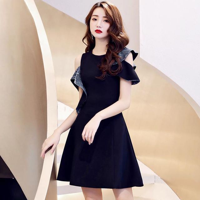 DreesHouse-Short-Sleeve Cold-Shoulder Sequin Ruffle Mini A-Line Dress